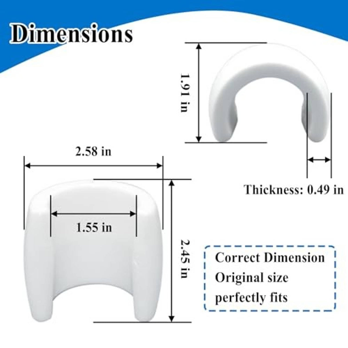 White U-shaped pool cleaner hose float shown with size and thickness markings