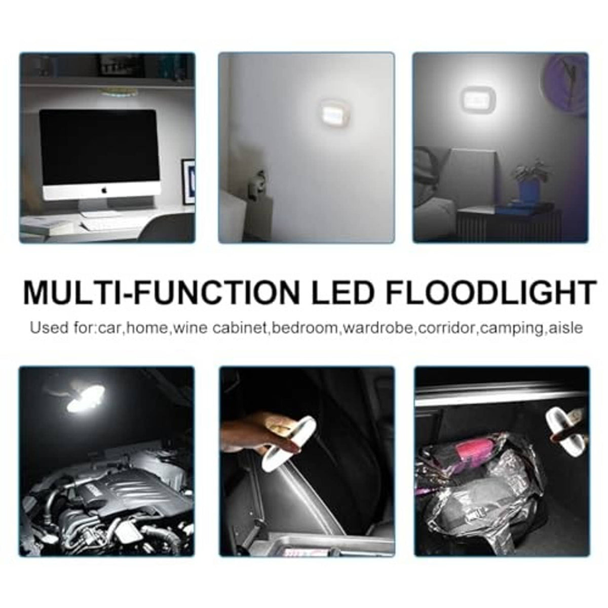 Multi-function LED dome light shown producing bright illumination in multiple use scenes.