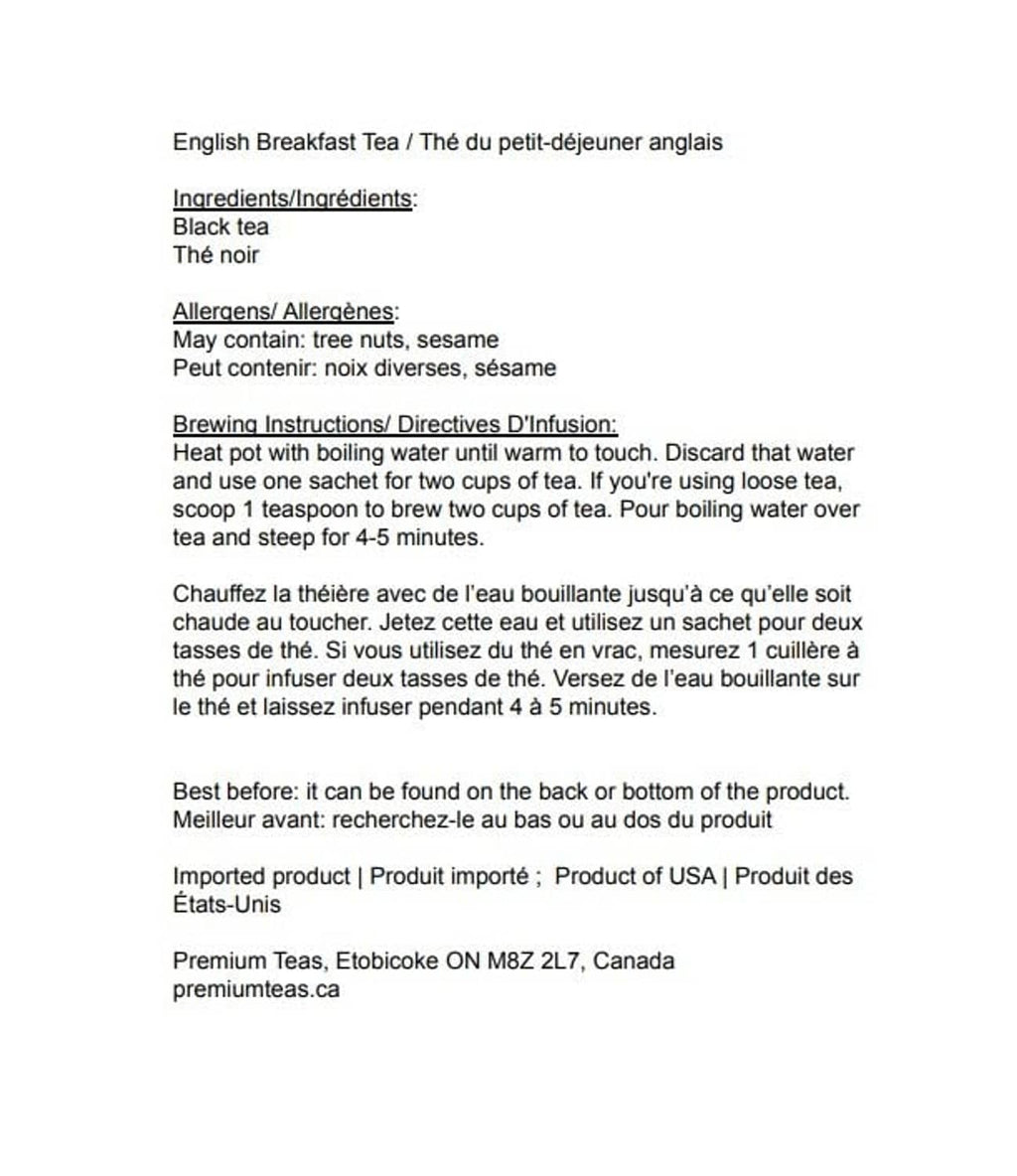 Tea label with ingredients, allergen info, and brewing instructions in English and French