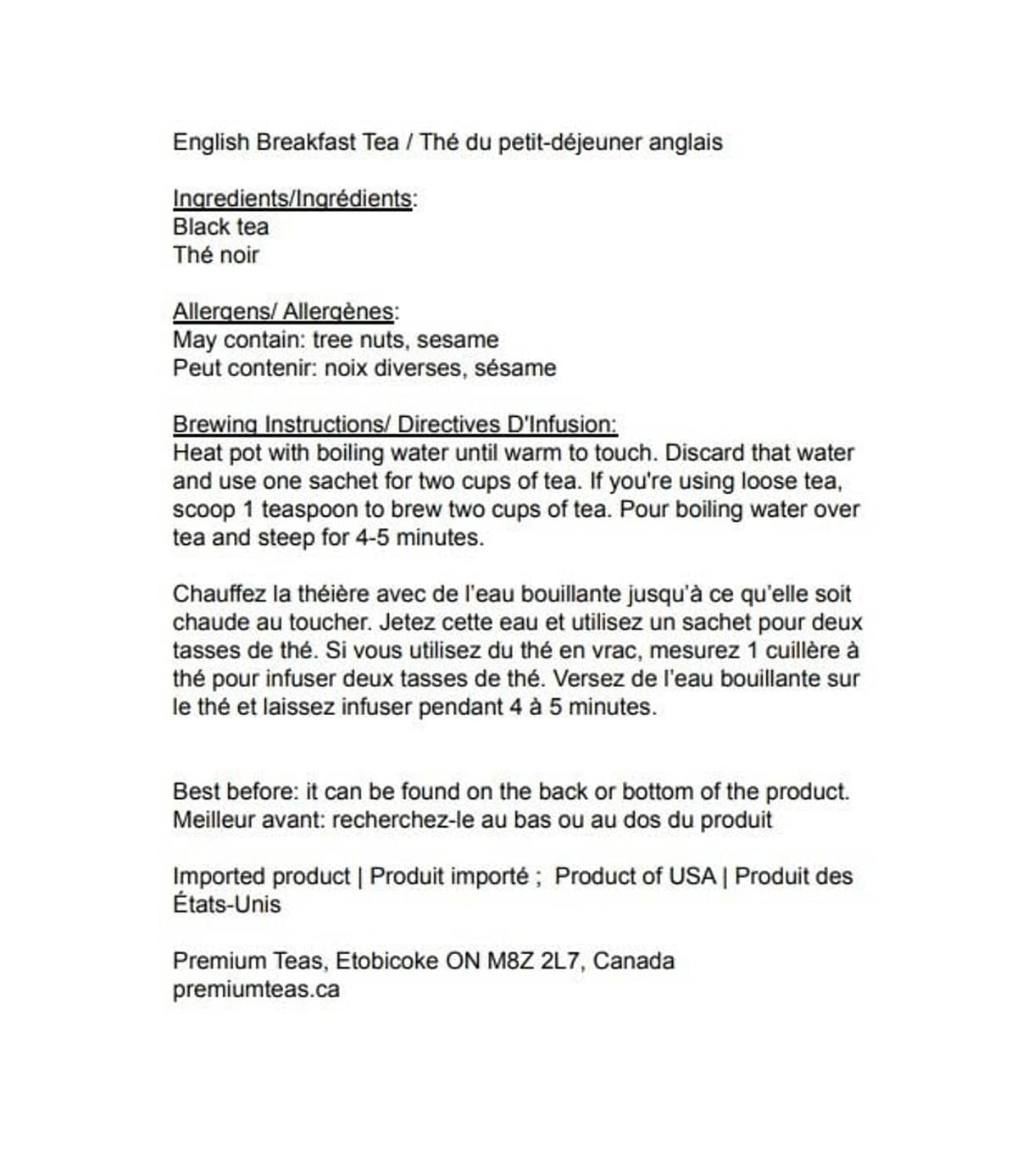 Tea label with ingredients, allergen info, and brewing instructions in English and French