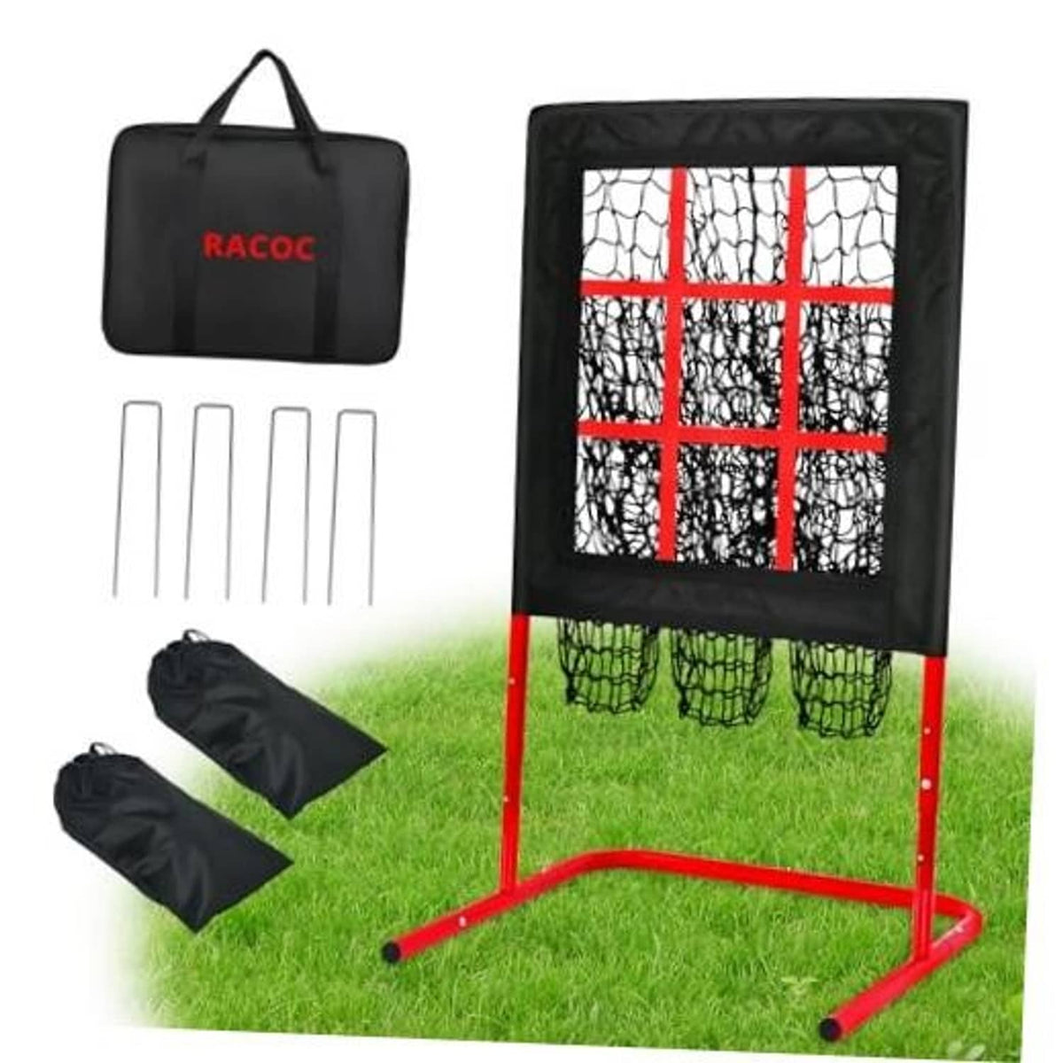 Black pitching net with red strike grid and nine hanging pockets, includes carry bag
