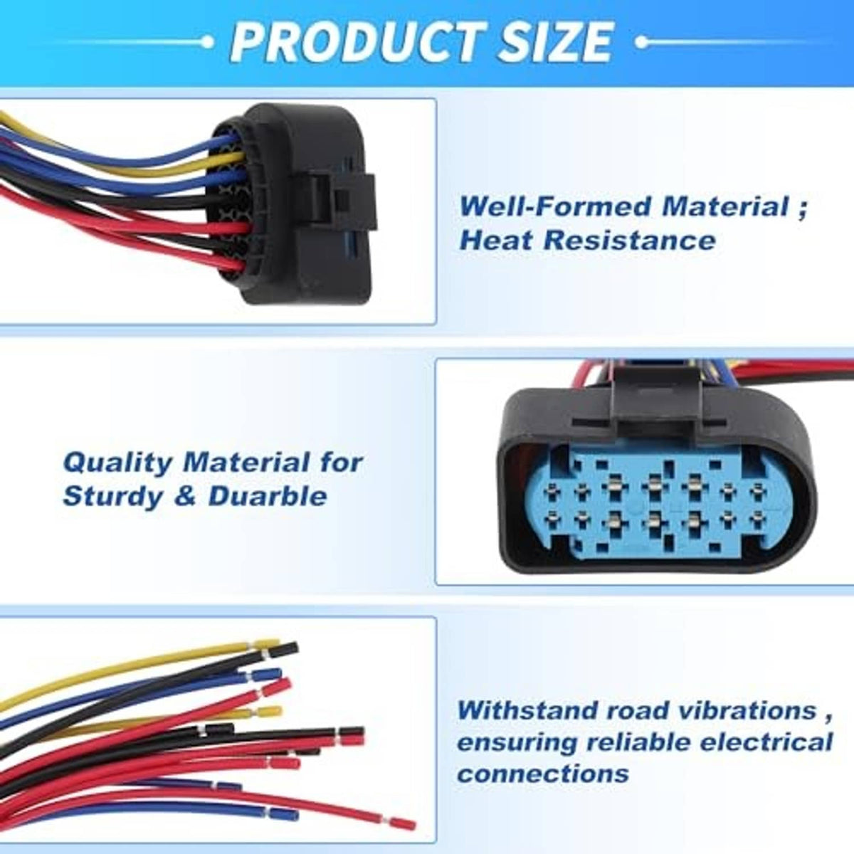 14-pin headlight connector pigtail plug with black housing, blue socket, and wire harness