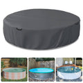 Grey round stock tank pool cover with drawstring and side straps, full coverage.