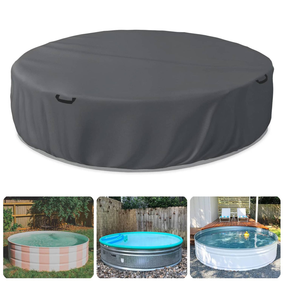 Grey round stock tank pool cover with drawstring and side straps, full coverage.