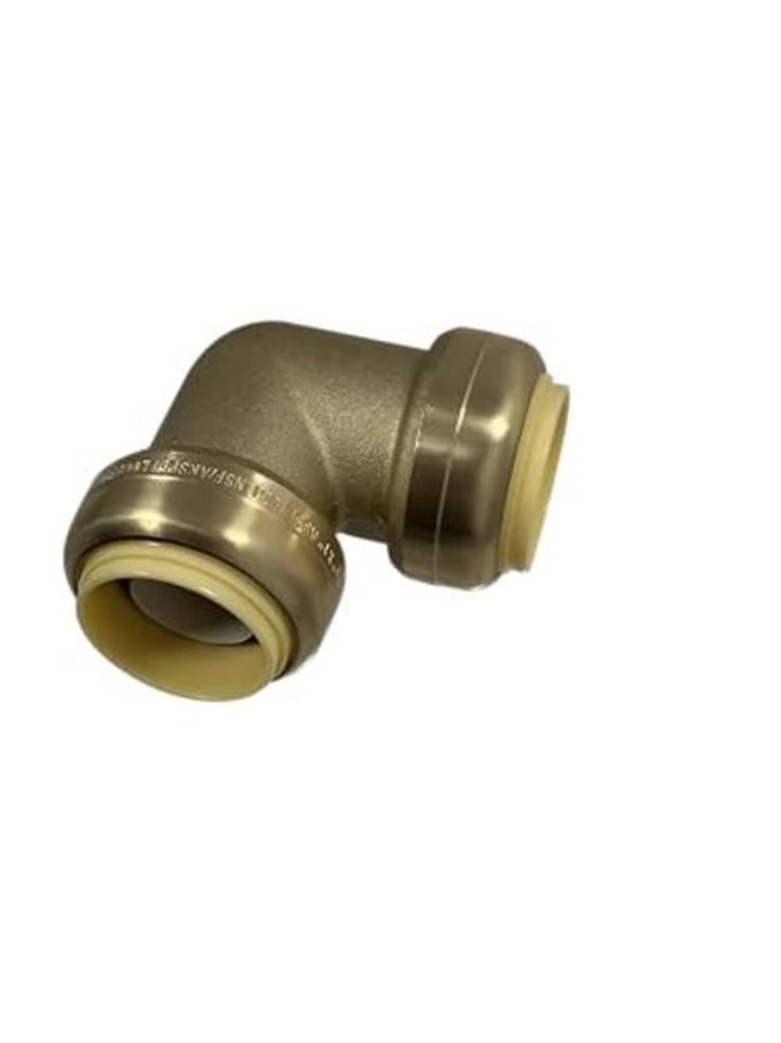 Brass 90-degree push-fit elbow fitting with visible circular end openings