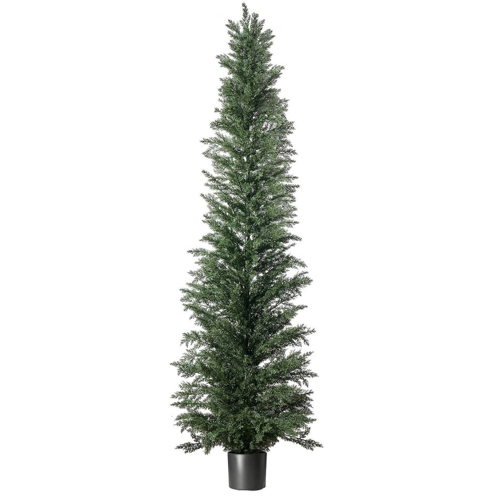 Artificial cedar topiary tree in black pot, tall green foliage