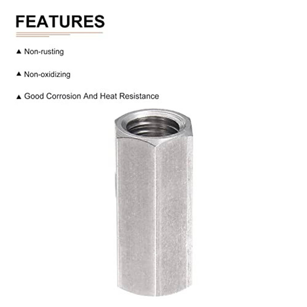 Single silver hex coupling nut with internal threads and flat hex exterior