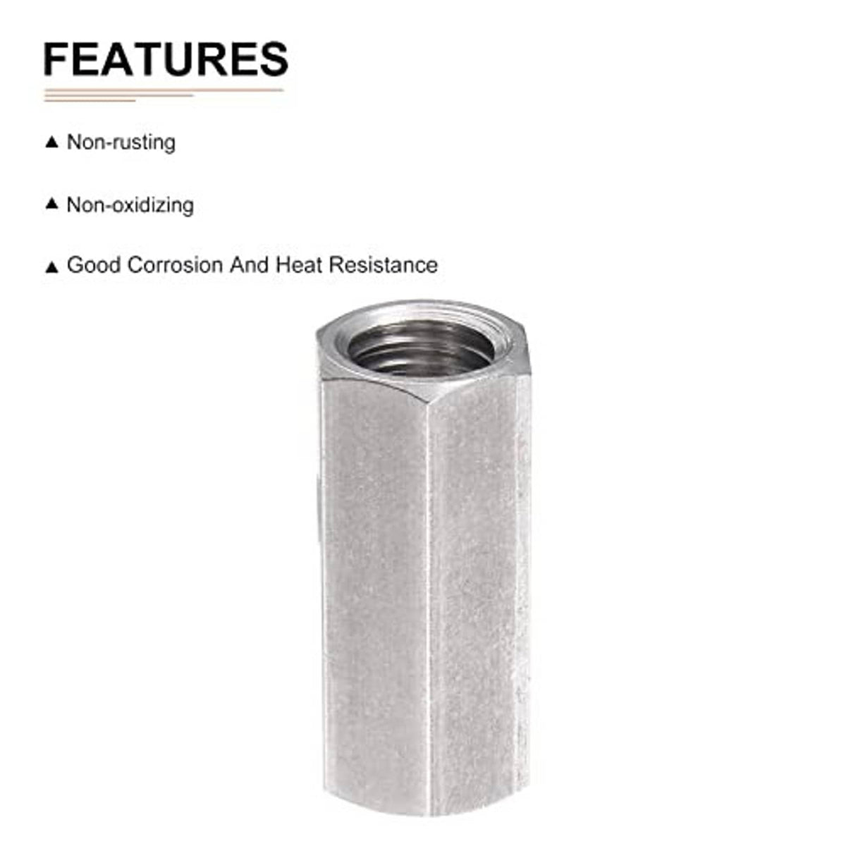 Single silver hex coupling nut with internal threads and flat hex exterior