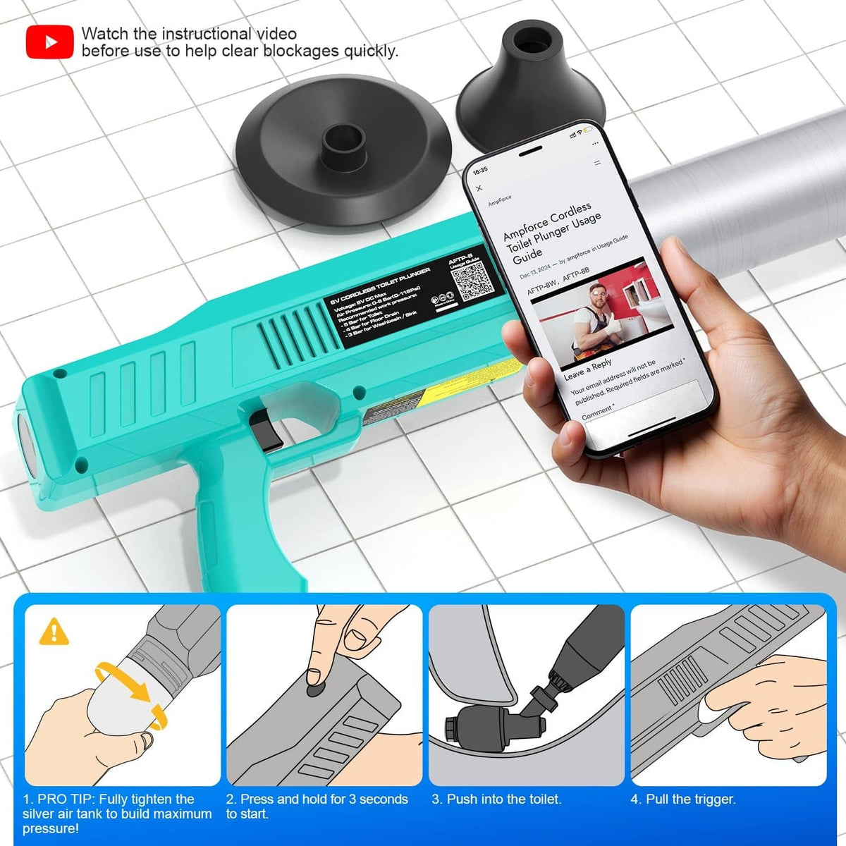 Mint green electric plunger with user guide phone on-screen and illustrated steps