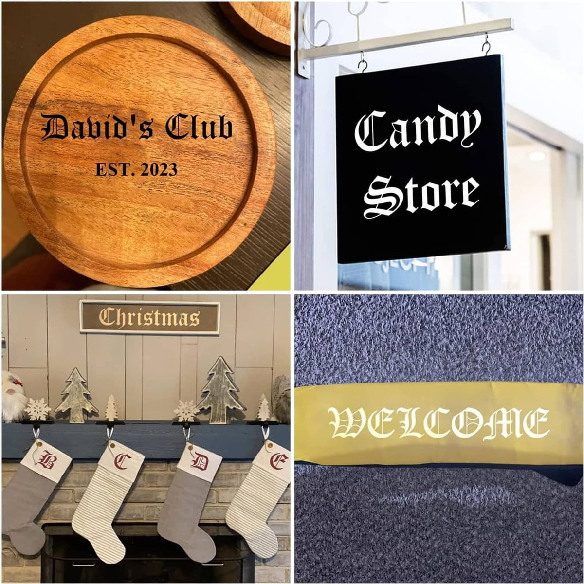 Old English stencil letters applied to a wooden round sign and a hanging fabric banner