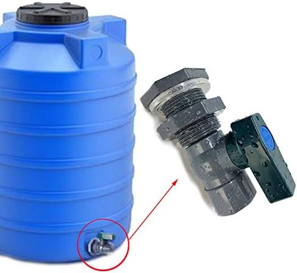 PVC ball valve spigot assembly attached to a blue rain barrel with connector parts