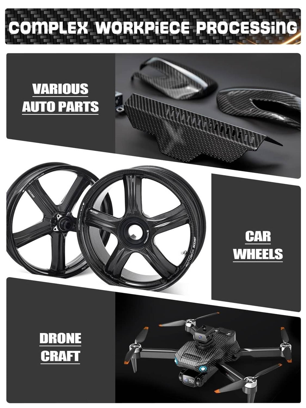 Carbon fiber auto parts and accessories with dark twill weave finish