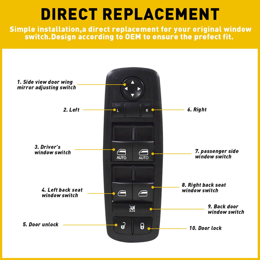 Black power window master control switch with left-right controls and AUTO buttons