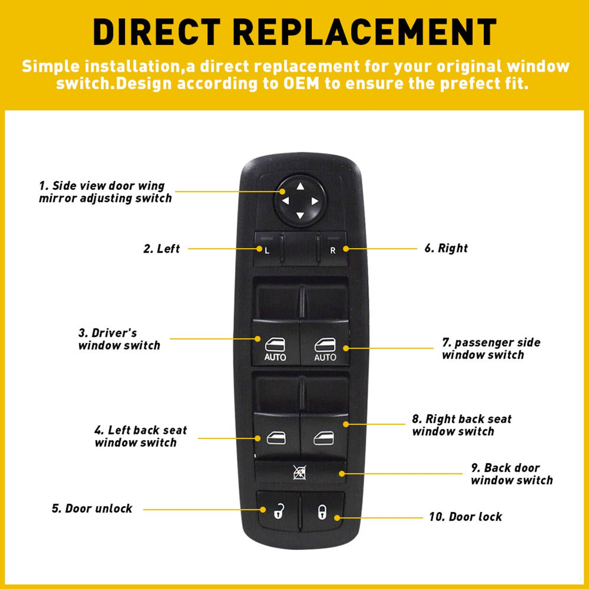 Black power window master control switch with left-right controls and AUTO buttons