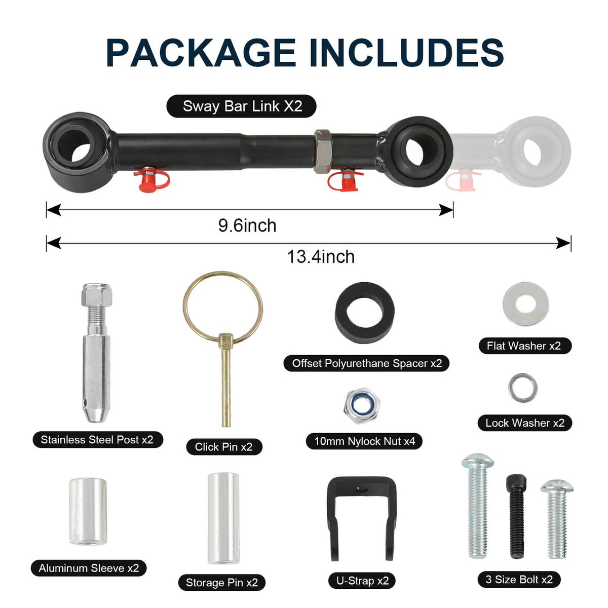 Quick-disconnect sway bar link kit with pins, spacers, bolts, and assorted washers