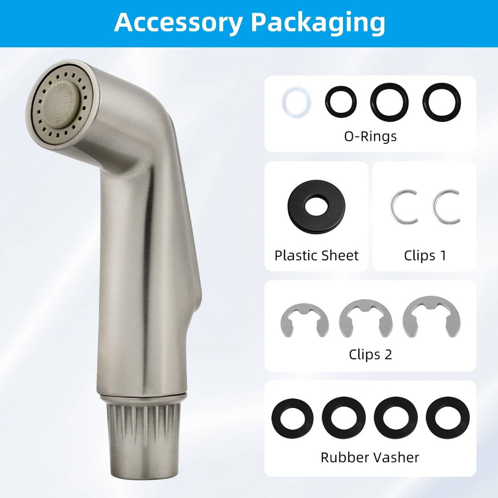 Brushed nickel sprayer head with included O-rings and clips