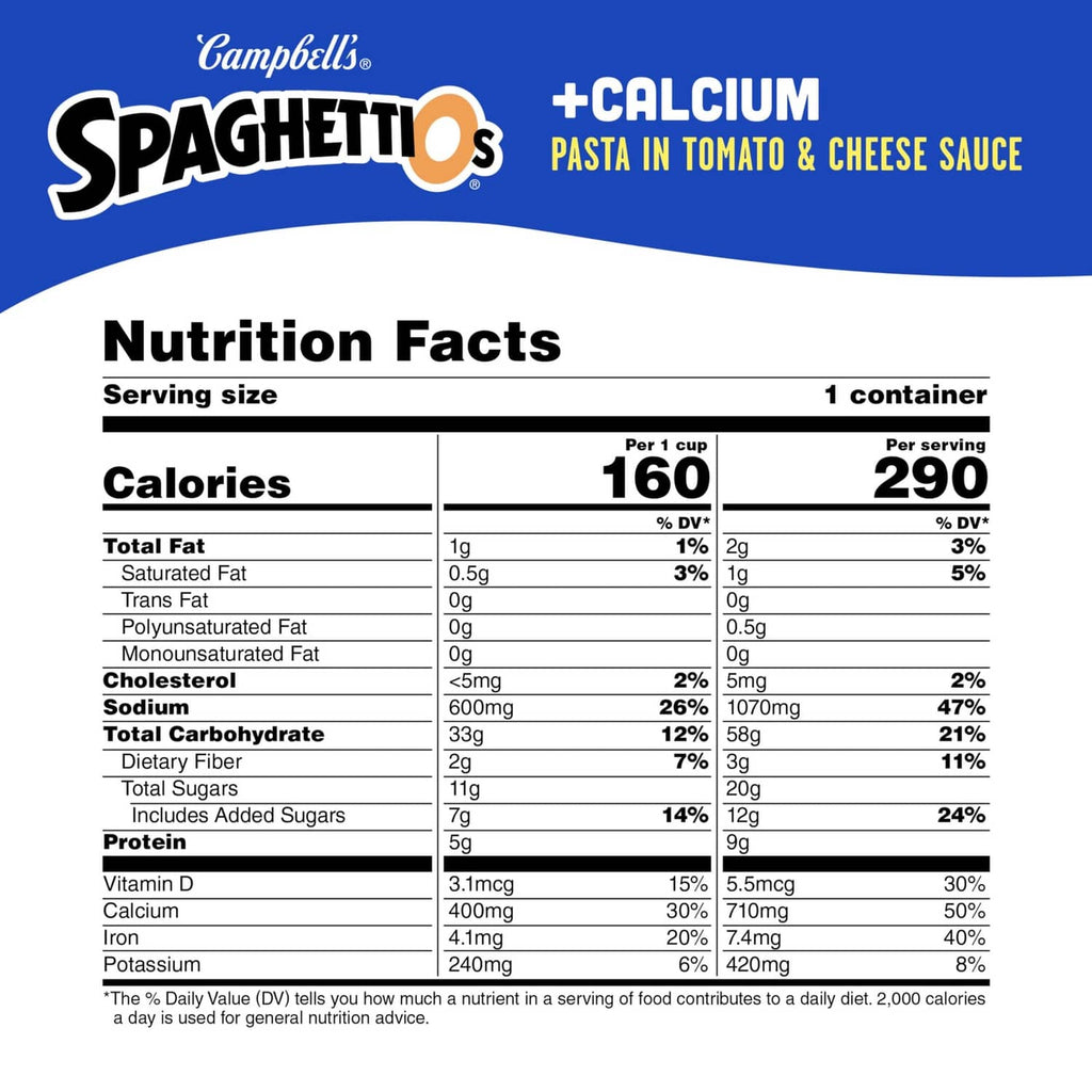 Campbell’s Spaghettios +Calcium Nutrition Facts panel