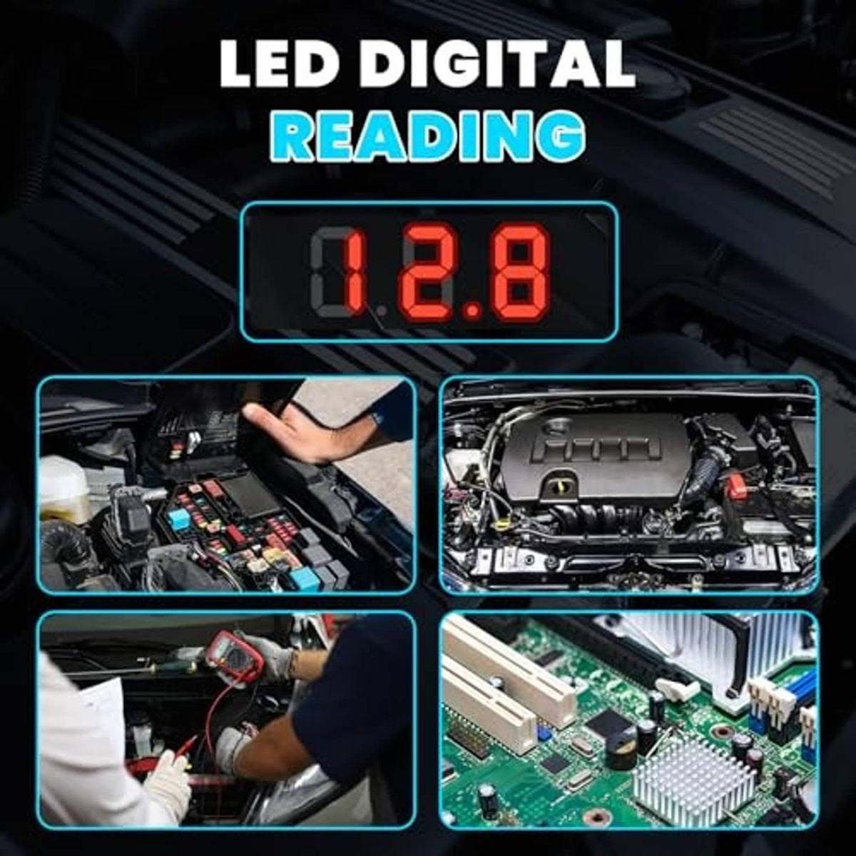 Circuit tester with LED digital reading 12.8 shown in translucent housing and probe
