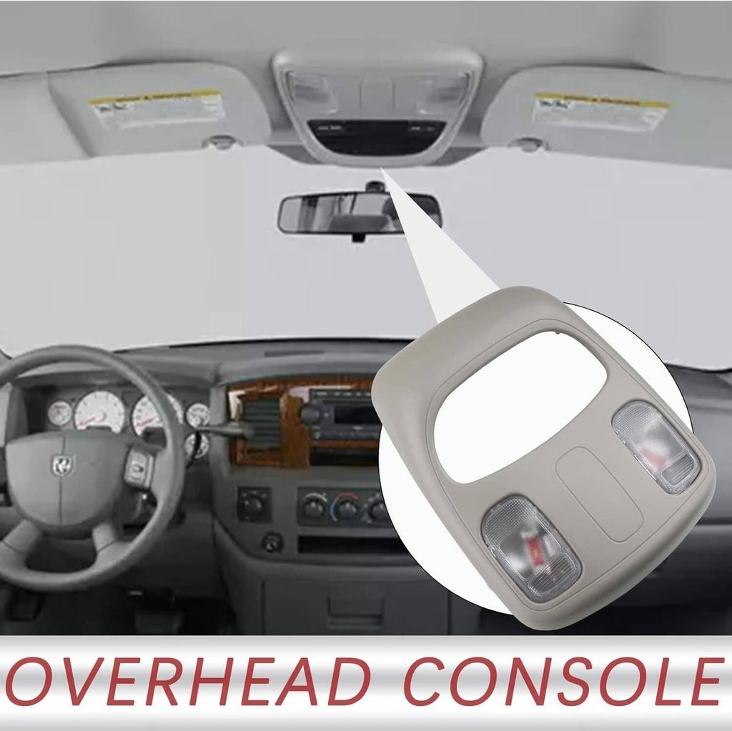 Grey overhead console map light showing two lens lamps and central switch panel