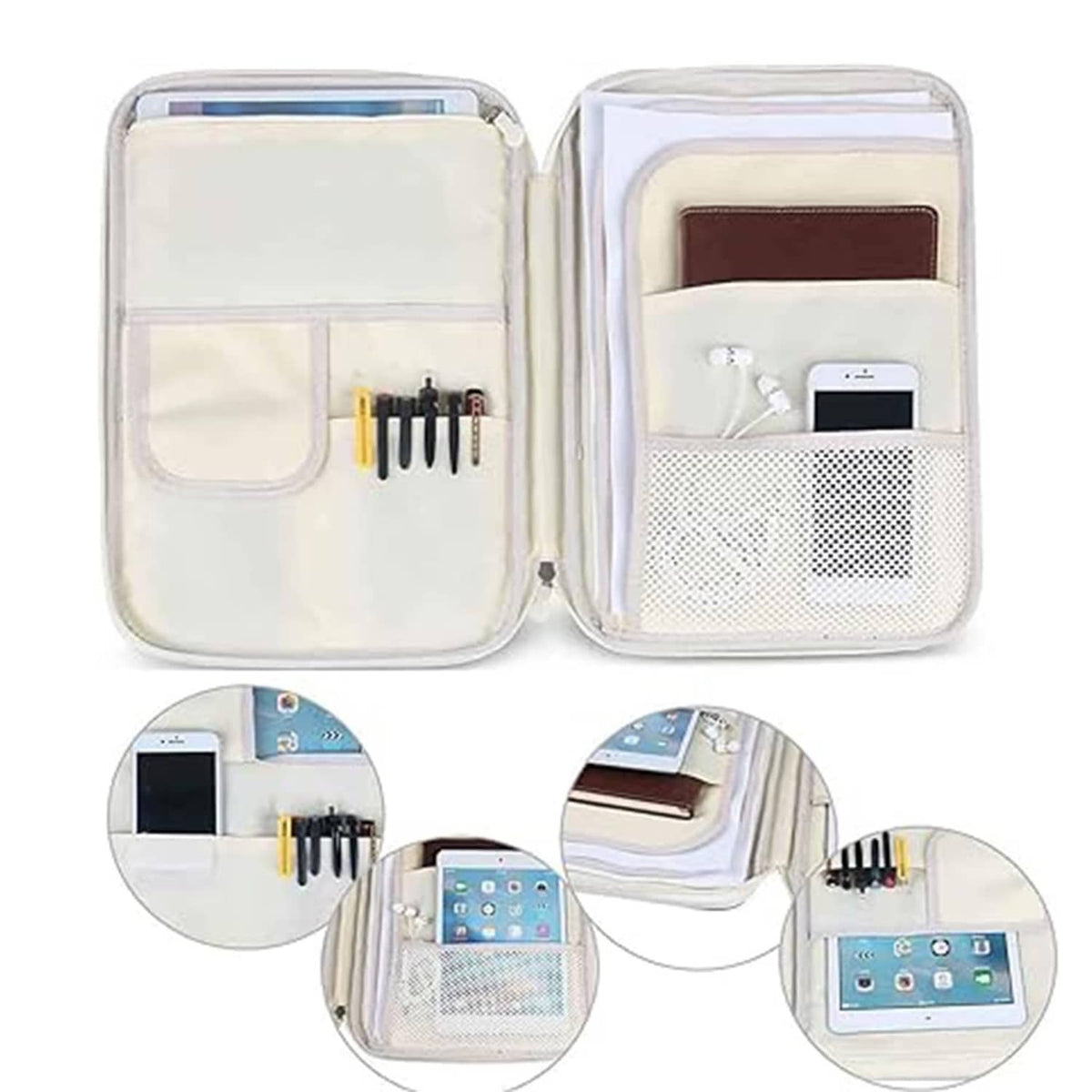 White travel portfolio interior with mesh pocket and compartments for cables