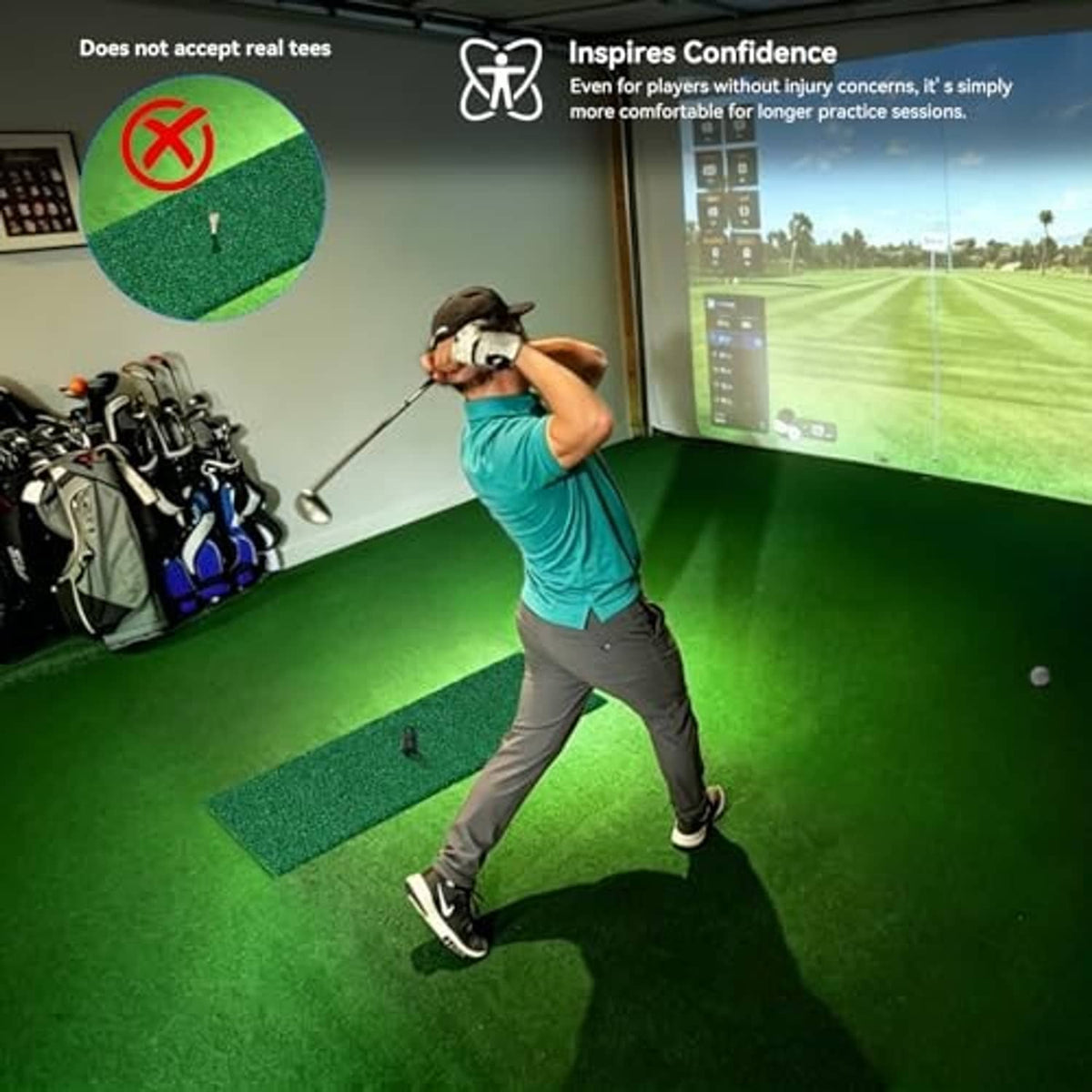 Green golf hitting strip used on indoor simulator turf, full strip length