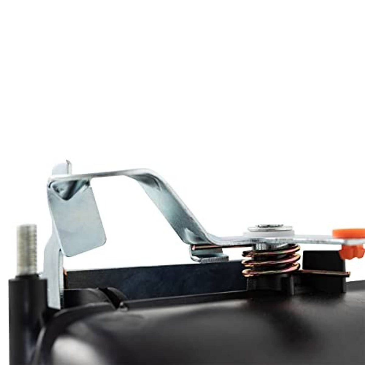 Door handle torsion spring closeup with metal lever, black housing base