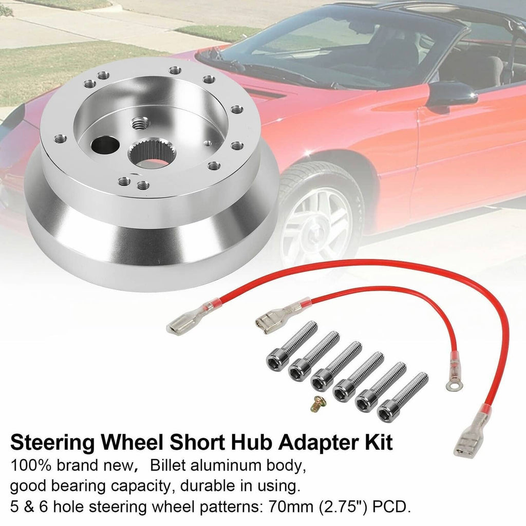 Steering wheel short hub adapter kit with polished hub, bolts, and red wiring