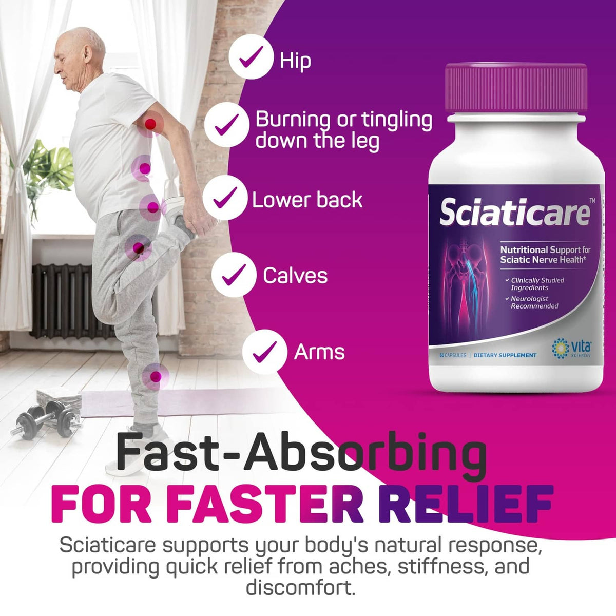 Vita Sciences nerve soothing supplement bottle with purple cap and leg-relief icon panel