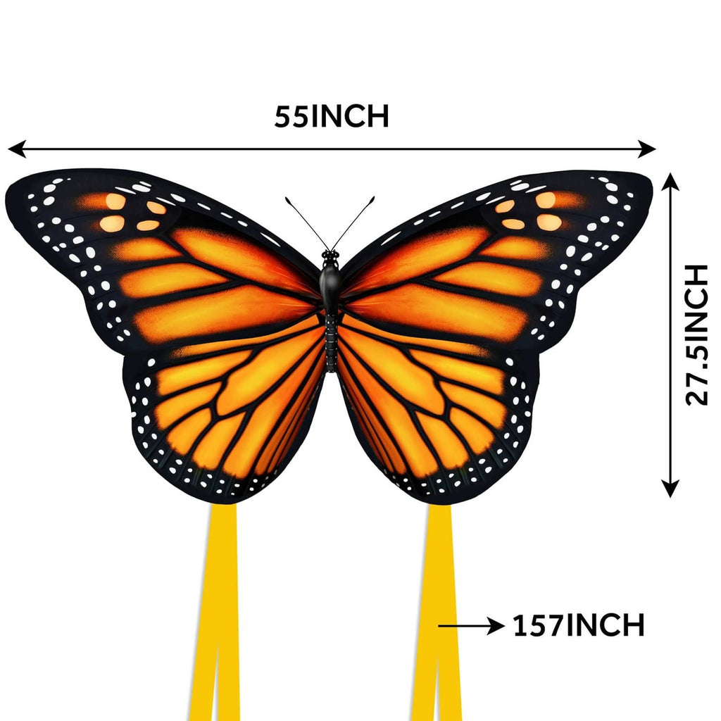 55-inch monarch butterfly kite with orange-and-black wings and two yellow tails