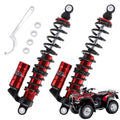 Rear shock absorber pair with red and black reservoirs and hardware, for ATV use