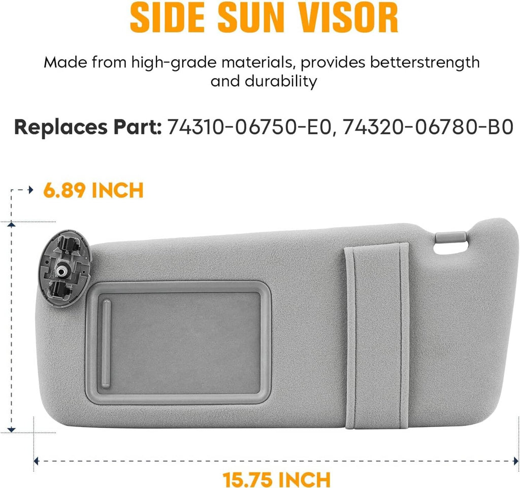 Gray car sun visors pair with mirror windows and side mounting hardware, size view