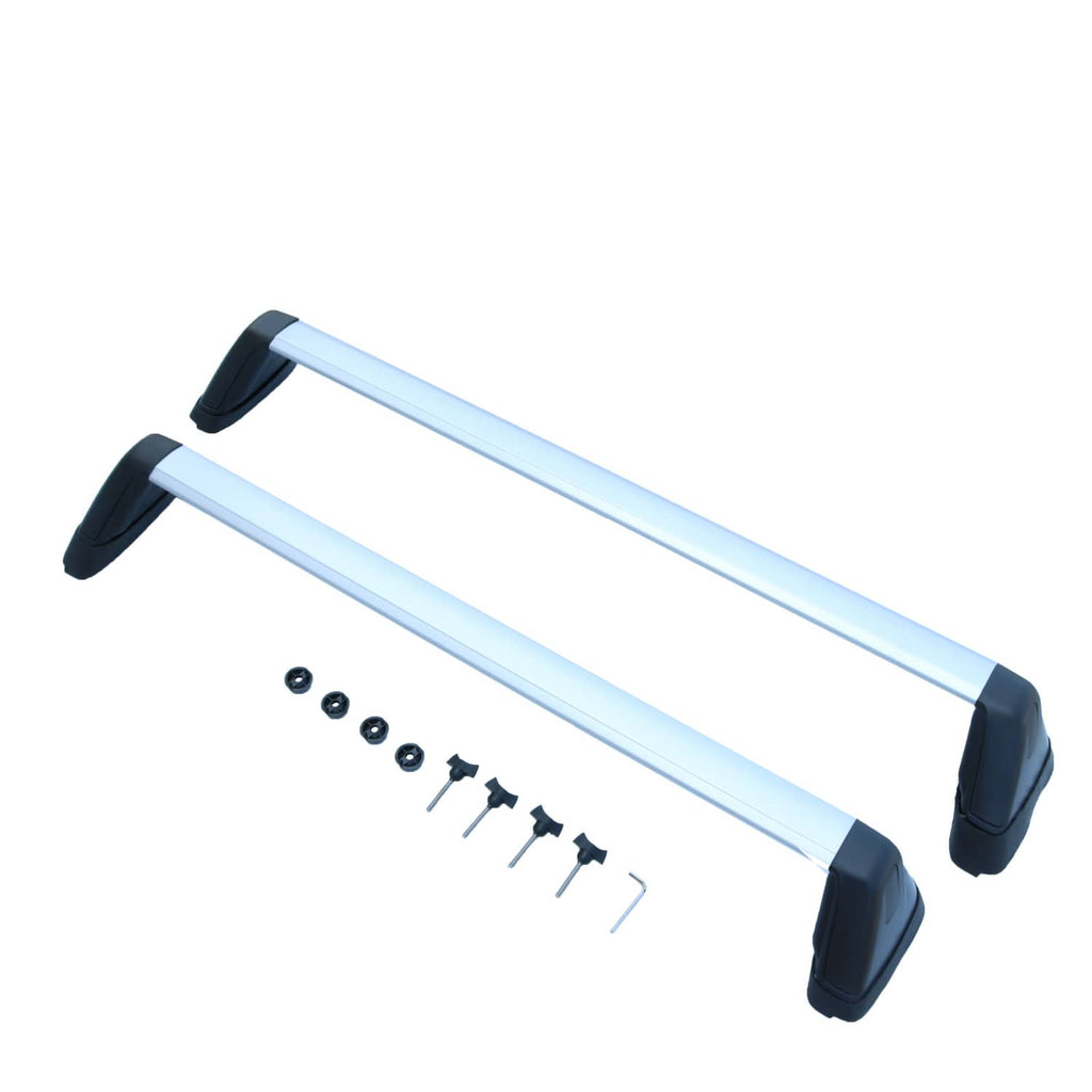 Roof rack cross bars kit, two light silver bars with black pads and bolts