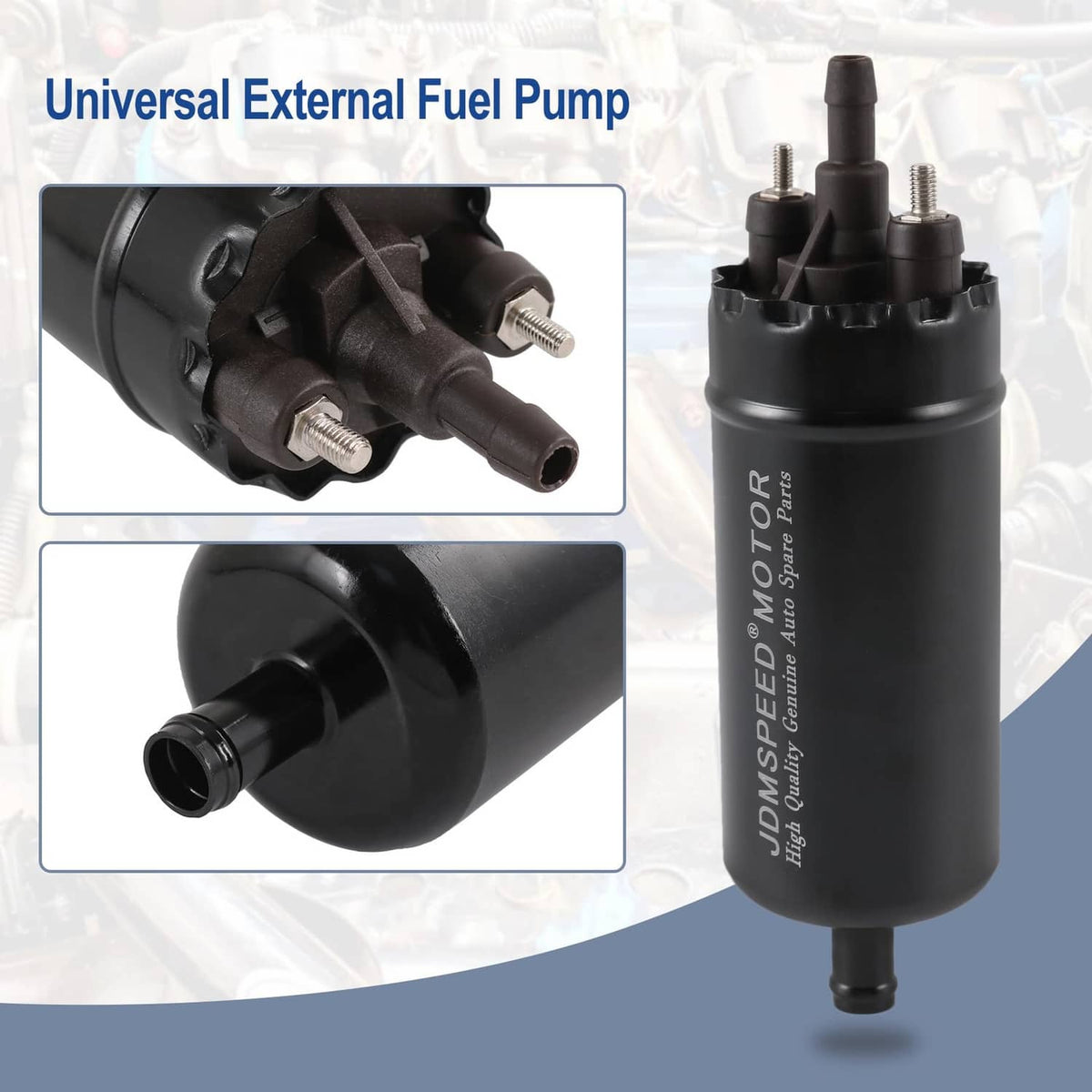 Black external fuel pump with side fittings and terminal connections, close-up