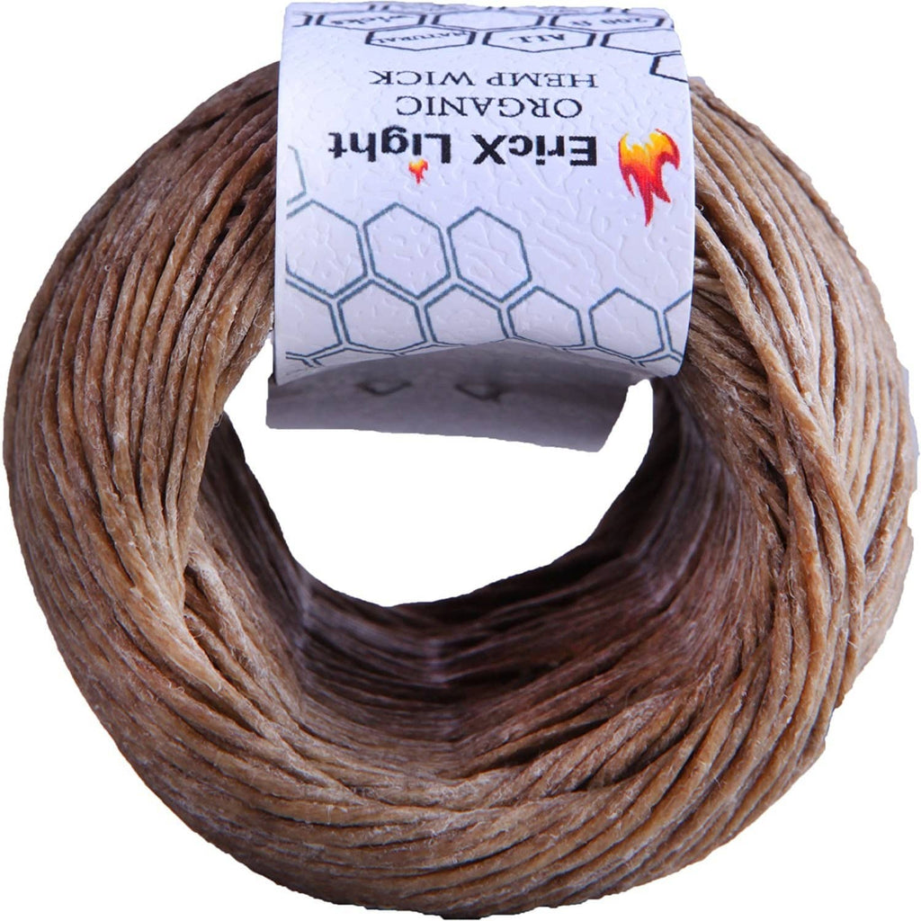 Brown coiled organic hemp wick spool with label edge shown at top