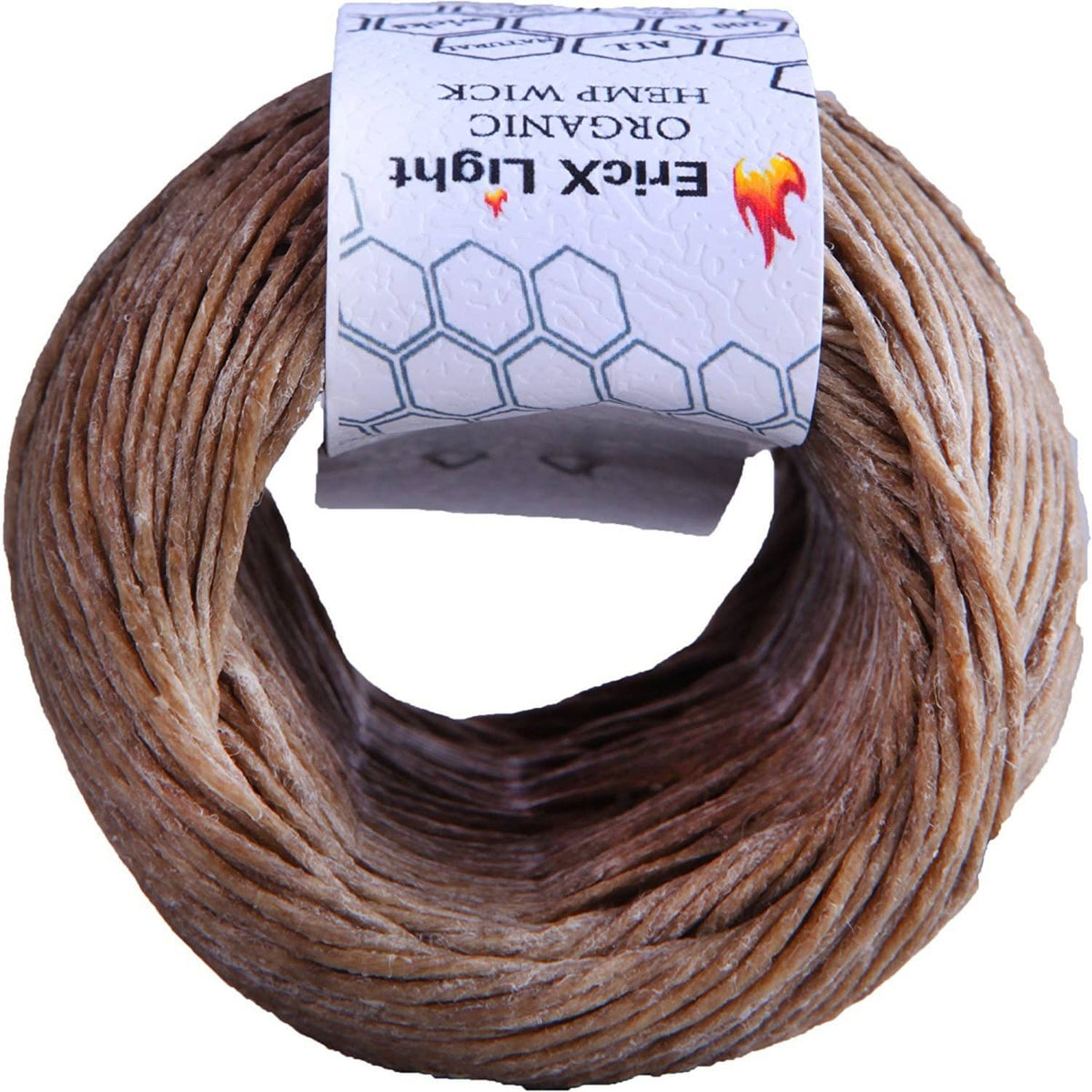 Brown coiled organic hemp wick spool with label edge shown at top