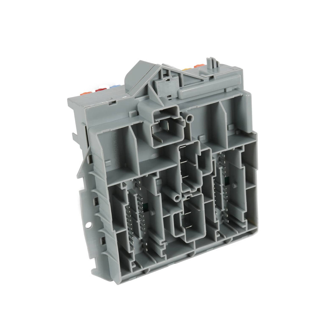 Gray power distribution center with multiple connector slots and wiring terminals inside