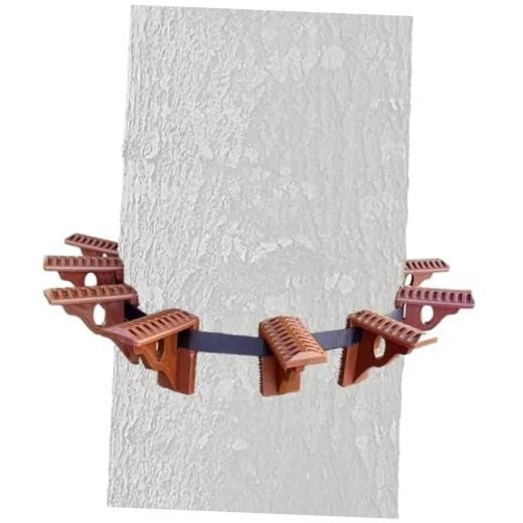 Brown tree step platform with blue strap, attached around a trunk