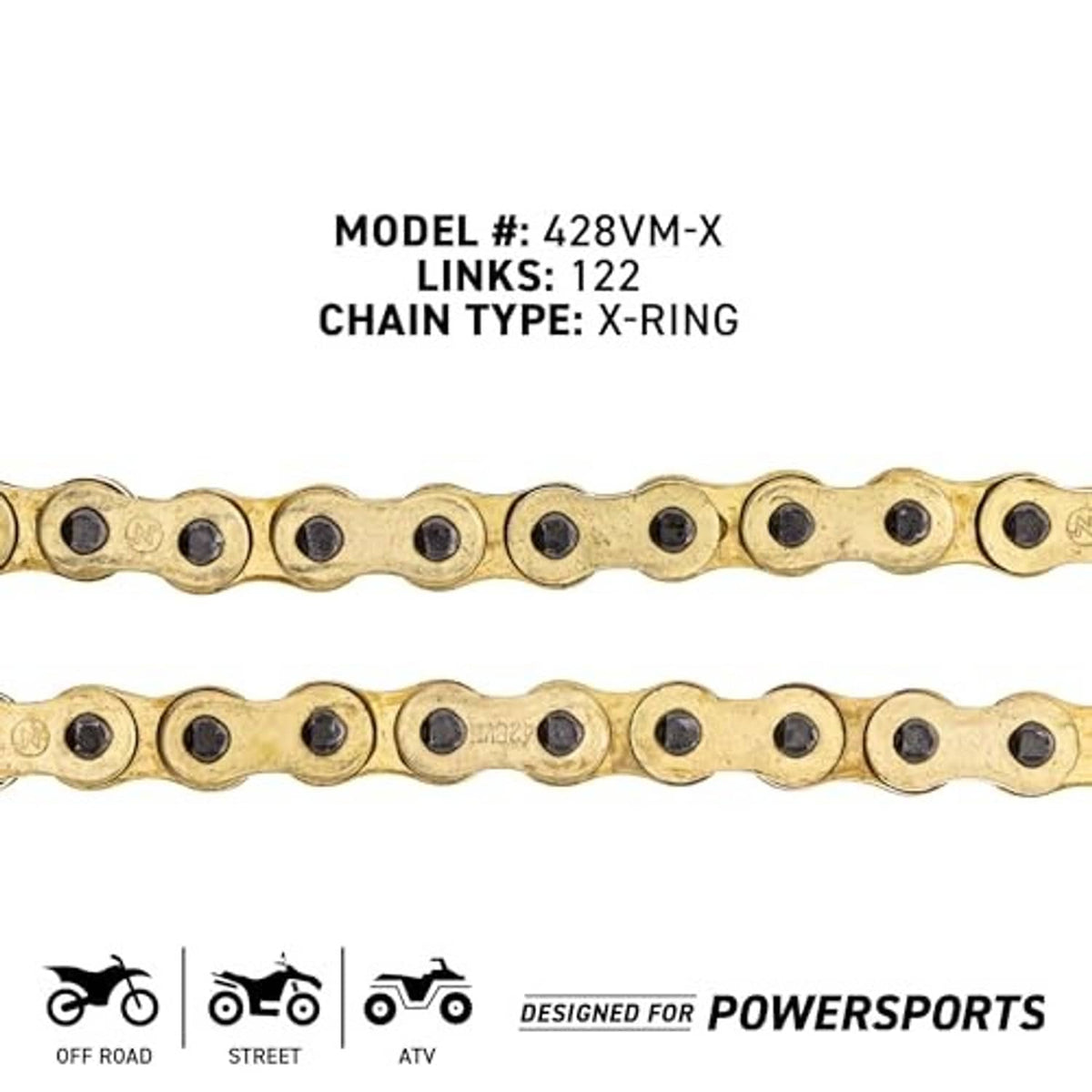 Gold X-Ring chain links shown straight with pin and roller hardware