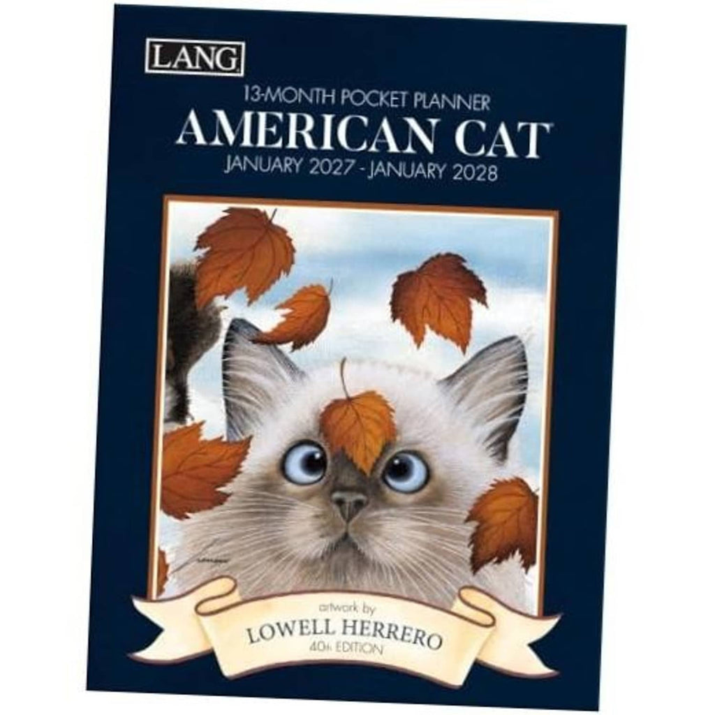 Lang 13-month pocket planner with navy cover and American cat artwork, illustrated leaves