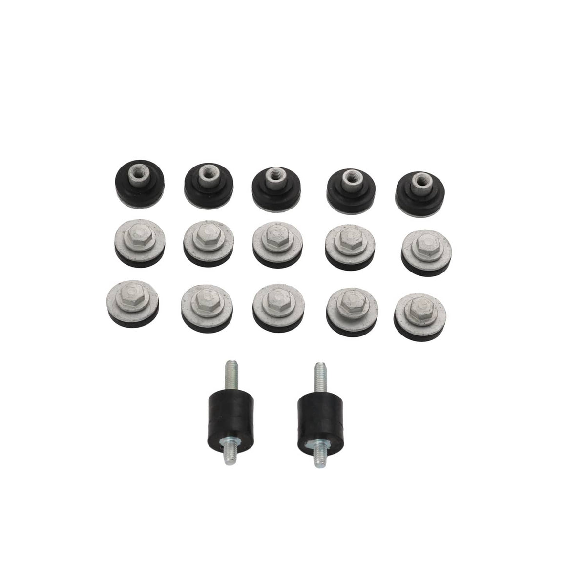 Valve cover gasket hardware set: black rubber grommets and gray metal washers