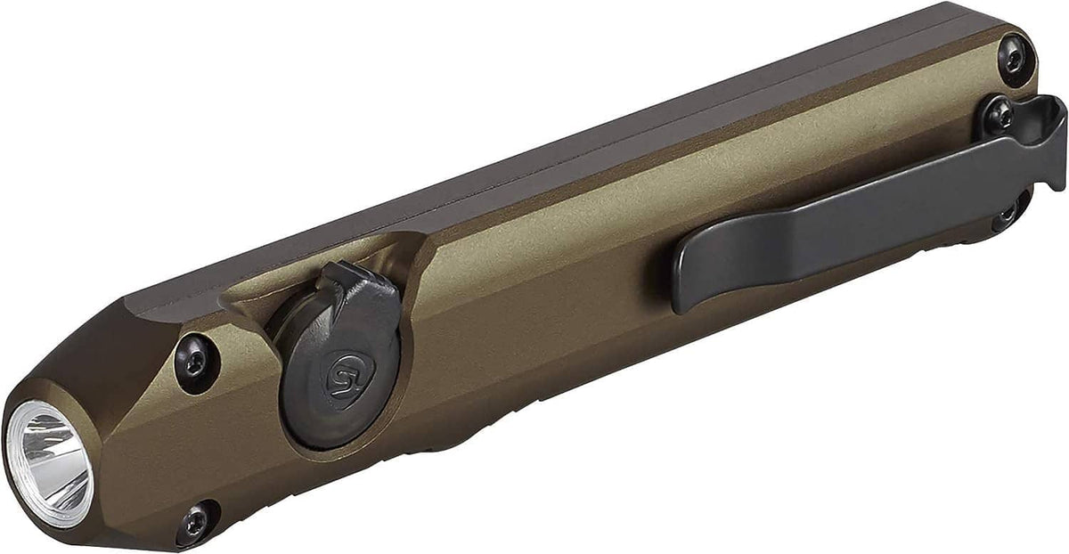 Coyote Streamlight Wedge EDC flashlight, opposite side view with lens bezel and strap loop