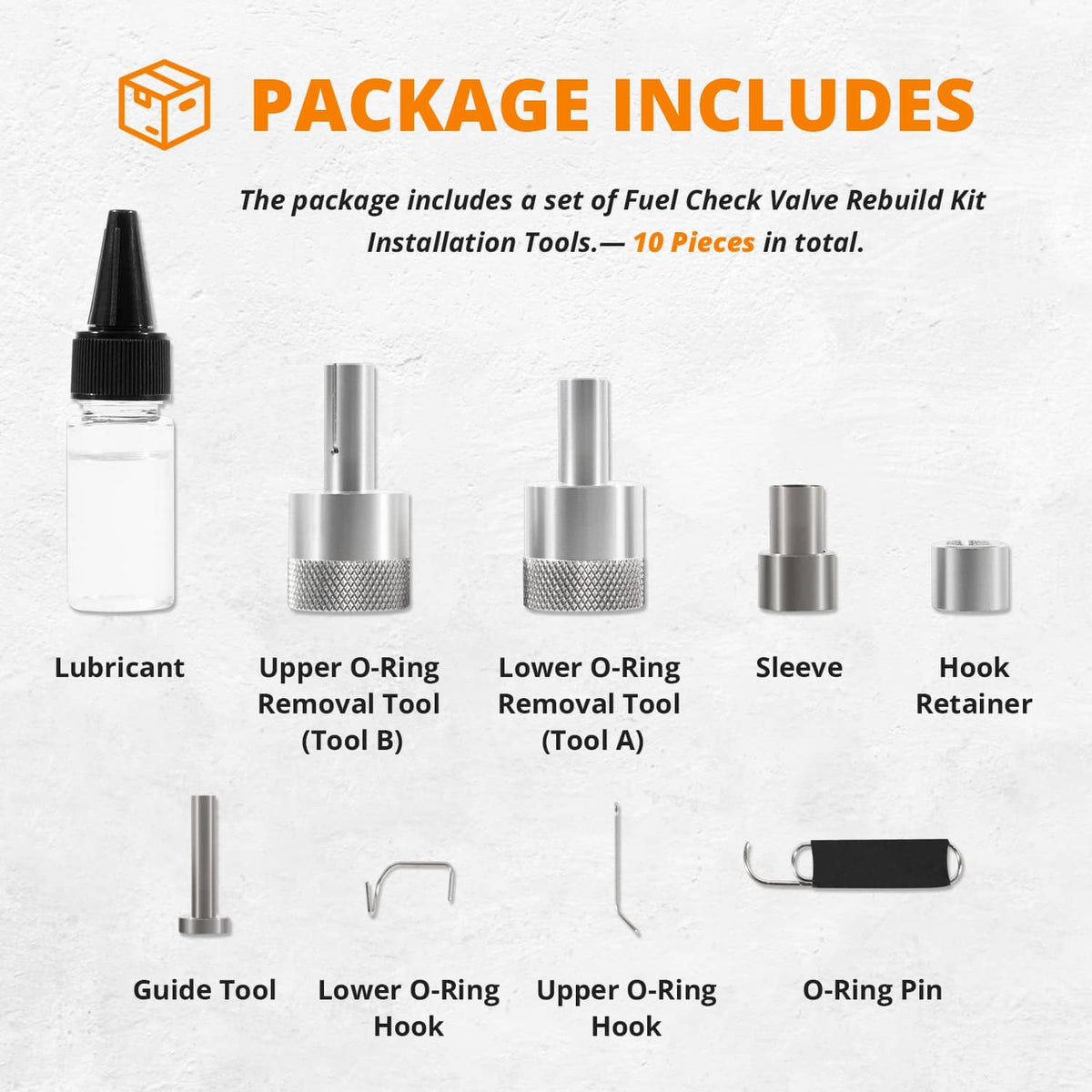Fuel check valve rebuild kit installation tools, 10-piece set with lubricant and hooks