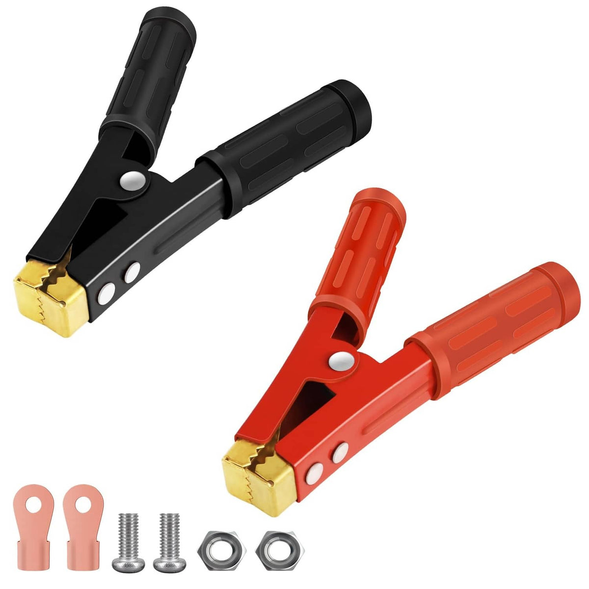 Jumper cable battery clamps set, black and red insulated handles with brass terminals