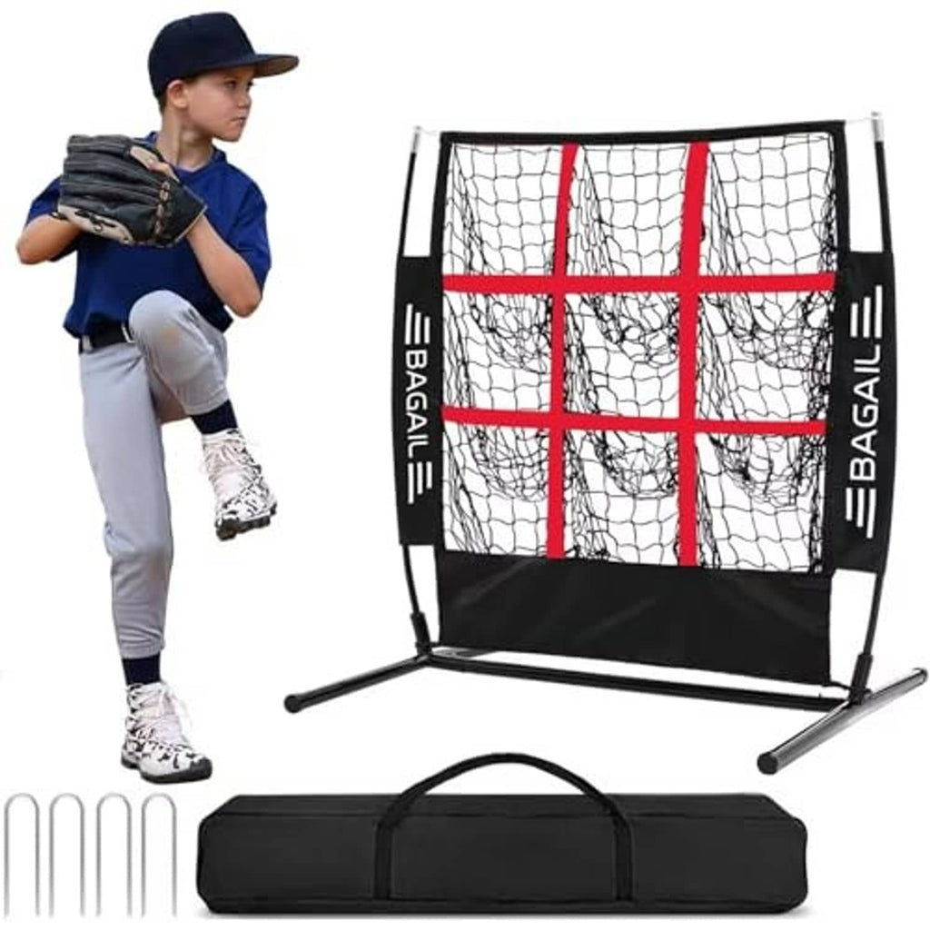 Portable pitching net target with black frame, white mesh, and red 9-zone grid