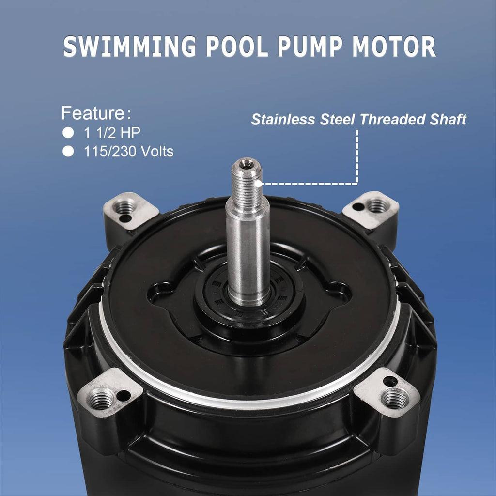 Black pool pump motor with threaded stainless steel shaft and base bolts