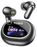 Black wireless earbuds with LCD display charging case, two earbuds shown