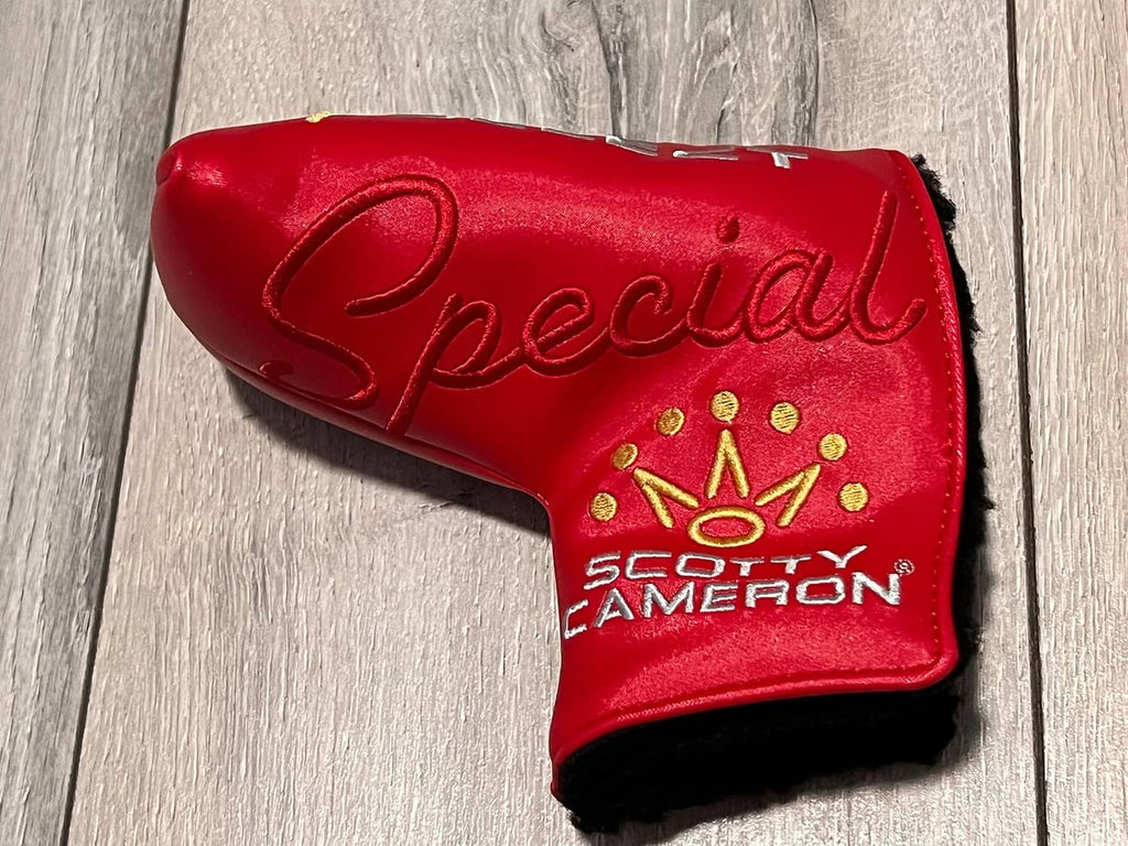 Red Scotty Cameron Special Select mid mallet putter headcover, gold sunburst mark
