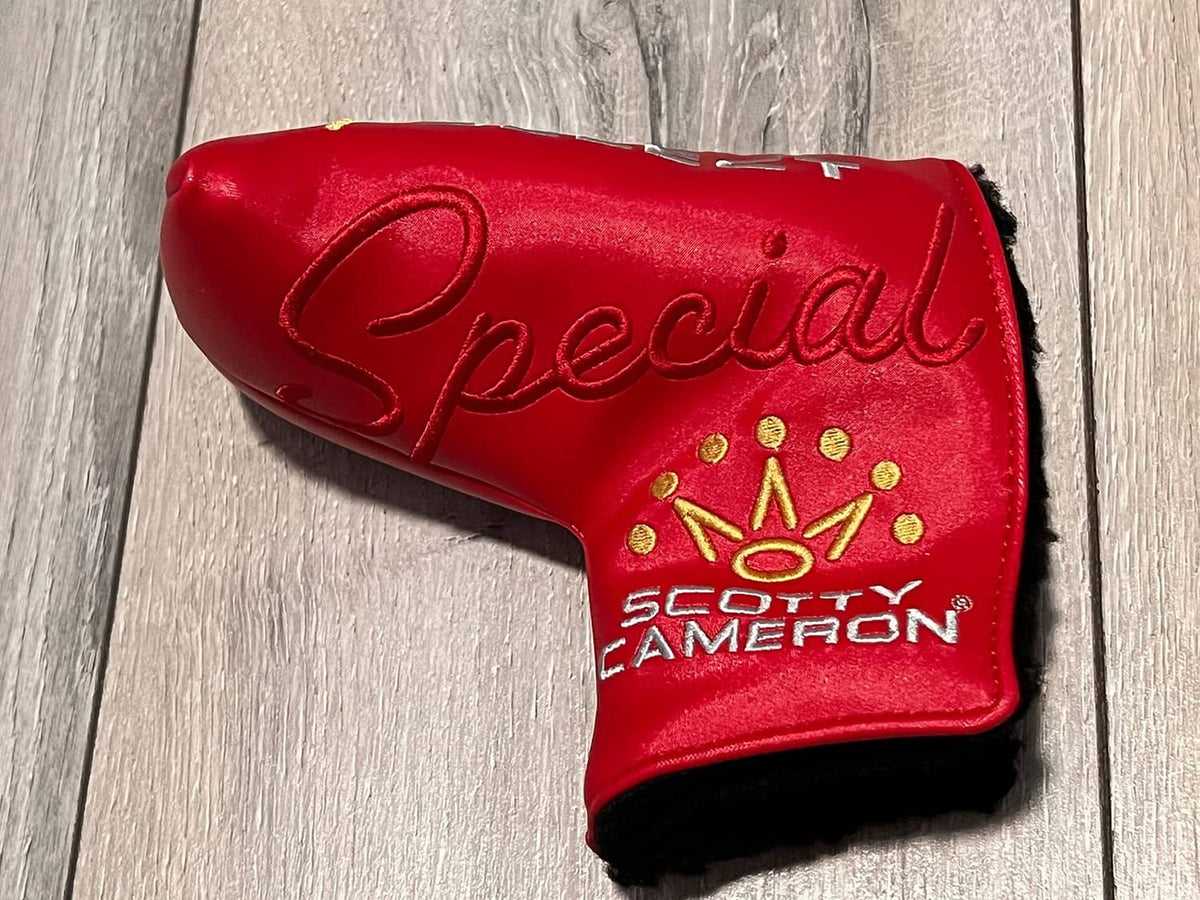 Red Scotty Cameron Special Select mid mallet putter headcover, gold sunburst mark