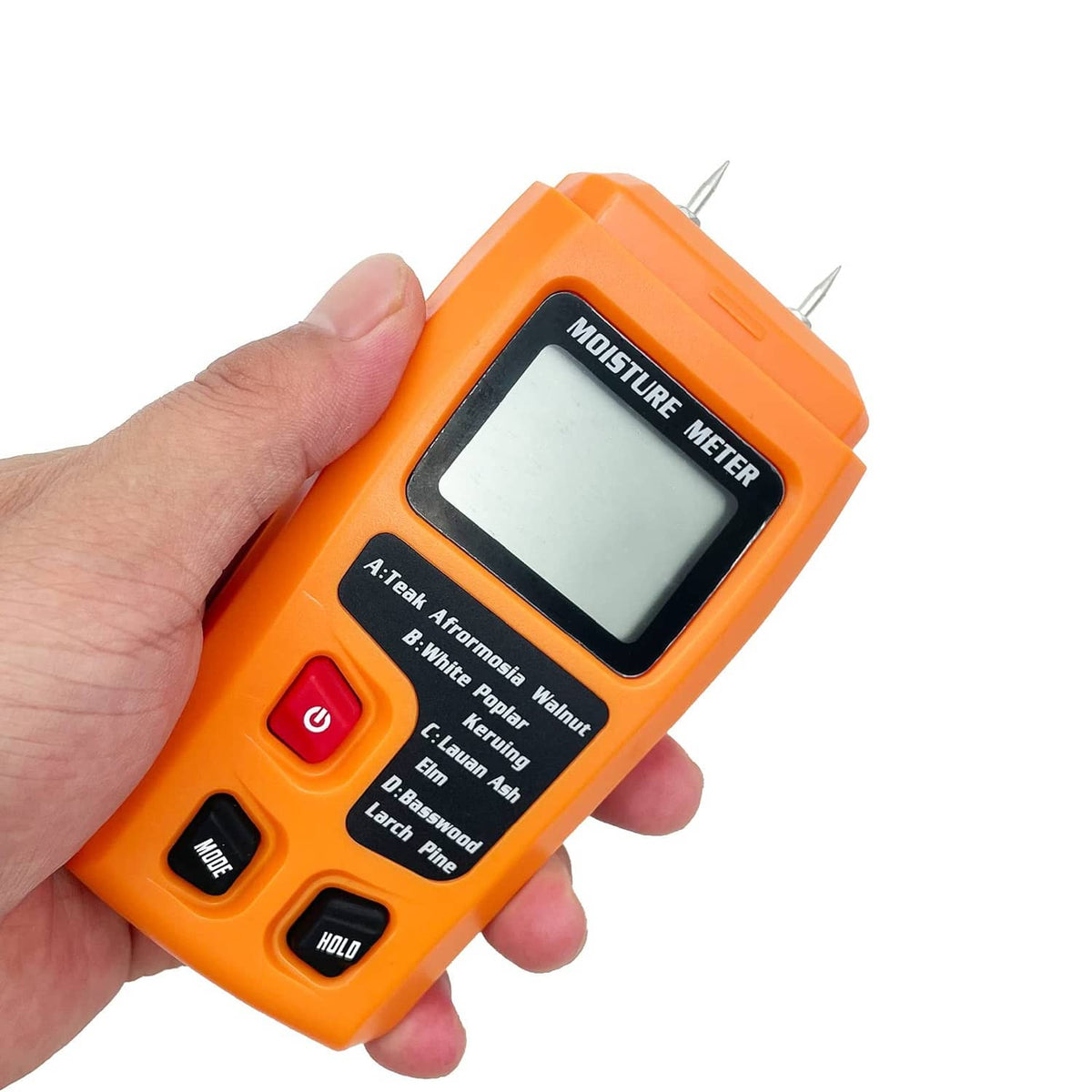 Orange digital moisture meter held in a hand, LCD screen facing forward