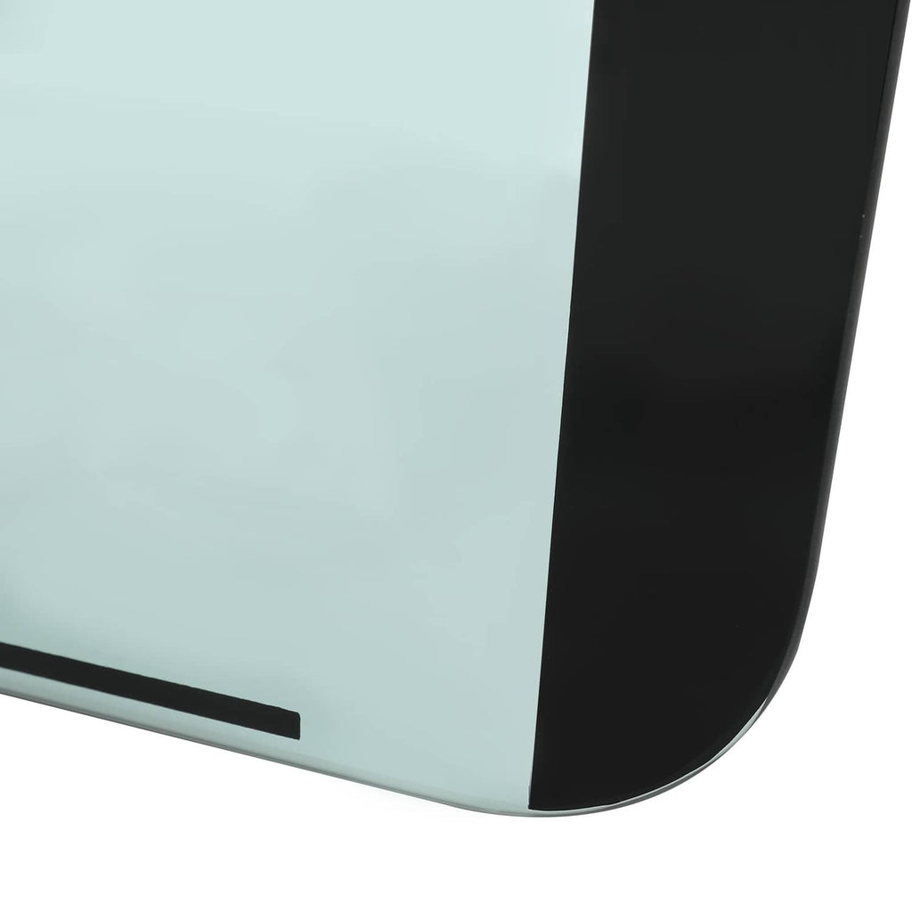 Curved front door window glass corner, light blue tint with black frame edge